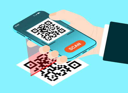 The hand with the phone scans the QR Code. Vector illustration in isometric style.