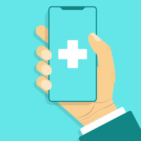 Doctor for healthcare design. Health care, medicine service hospital doctor illustration. Mobile phone smartphone device gadget.のイラスト素材