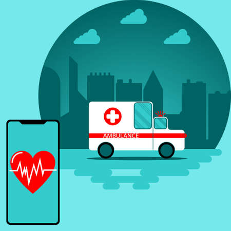 Emergency ambulance call with your smartphone. Vector illustration in flat style.のイラスト素材