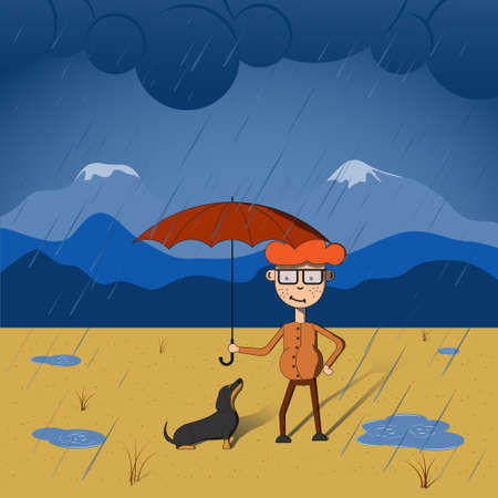Boy with Dachshund walking with an umbrella in the rain. The concept of loving and caring for Pets.のイラスト素材
