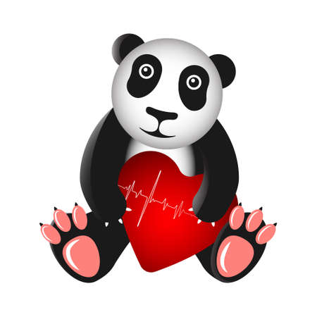 Happy Panda holding a red heart. The heart shows the heart pulse.のイラスト素材