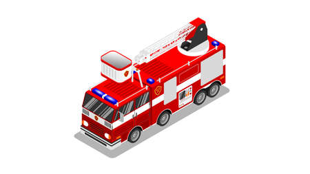 Fire truck with retractable escape ladder. Vector illustration in the isometric style.