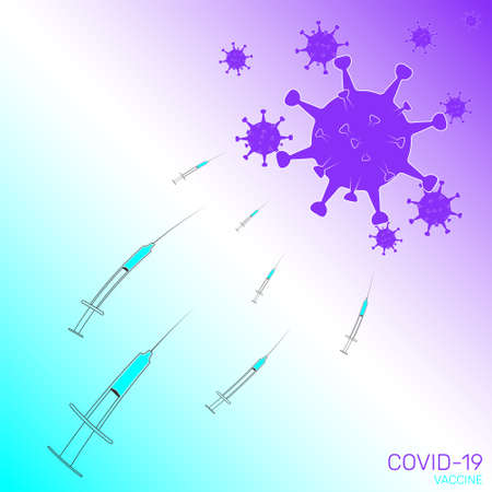 The concept of vaccination. Syringes with the vaccine attack the virus cells. Healthcare and medicine. Vector illustration.のイラスト素材