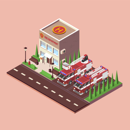 A fire station with two parked fire trucks. On the roof there is a place for the helicopter to land. Urban infrastructure. Vector illustration in the isometric style.のイラスト素材