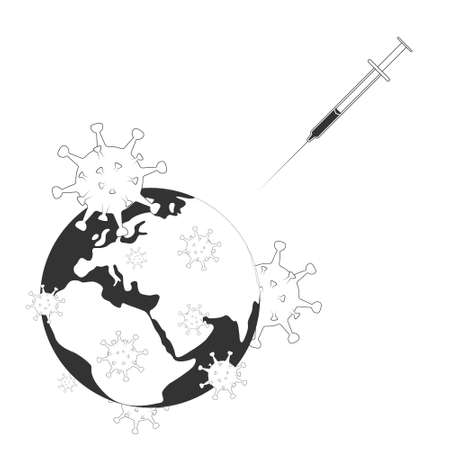 Introduction of the coronavirus vaccine worldwide. An injection in a syringe is injected into the planet as a sign of treatment. Around the earth are molecules of the Covid-19 virus. Black and white color. Vector illustration.のイラスト素材