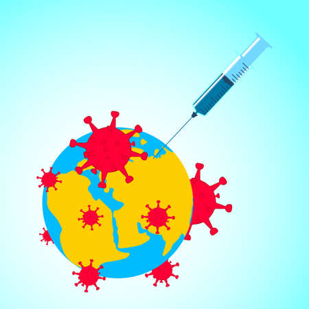 Introduction of the coronavirus vaccine. An injection in a syringe is injected into the planet. Around the earth are molecules of the Covid-19 virus. Vector illustration.のイラスト素材
