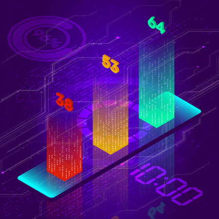 The histogram. Multi-colored graph on a purple background. Growing chart. Isometry. Vector.のイラスト素材