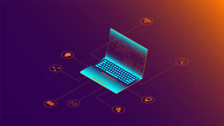 A laptop with a code on the screen. Next to the device are icons of applications for interacting with each other. Programming of the future. A flat vector illustration in an isometric style.のイラスト素材