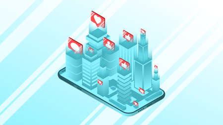 On your smartphone, a 3d model of the city with social network icons. The concept of mobile application development. Vector illustration in the isometric style.のイラスト素材