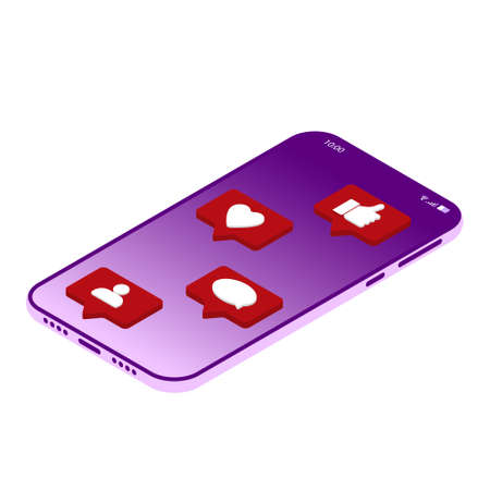 Social media notification icons in an isometric style are displayed on the phone screen. Vector illustration.のイラスト素材