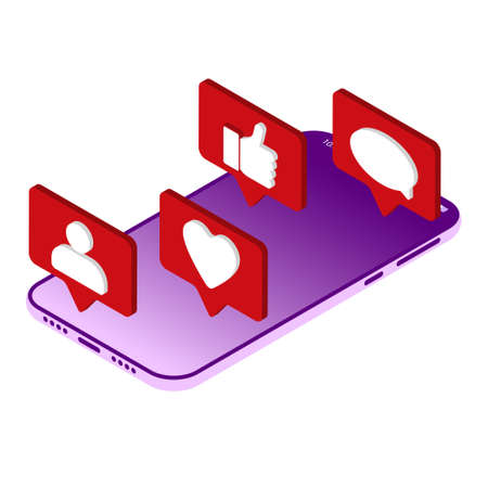 Social media notification icons in an isometric style are displayed on the phone screen. Vector illustration.のイラスト素材