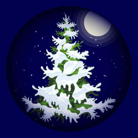 Christmas night with a Christmas tree in the snow. Vector illustration.のイラスト素材
