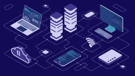Visualization of the storage and transmission of electronic data between devices. Vector illustration in isometric style.のイラスト素材