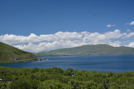 Sevan lake summer view with the hillsの写真素材