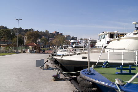 Small passenger boats waiting in Istanbulのeditorial素材