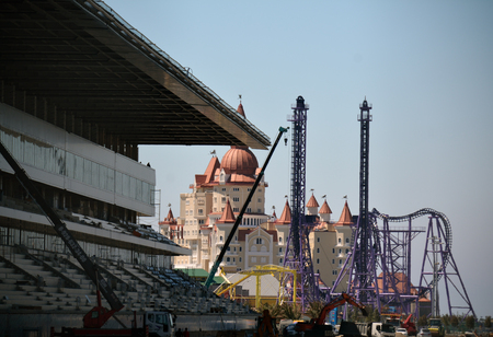 The tribune constructed for Formula 1, Sochi, with the Sochi Park shown behindのeditorial素材