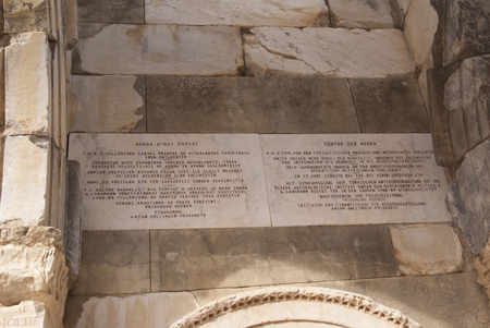 The plate telling about the excavation of the south arch in Ephesus, Turkey, in two langueges - German and Turkishのeditorial素材