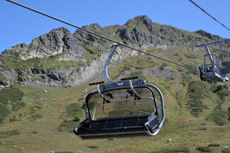 Ski lift cabin with the fastening shown. "Circus-2" skiing place, Krasnaya Polyana, Sochi, Russiaの写真素材