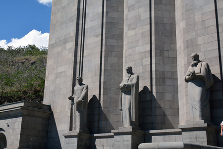 The wall of Matenadaram museum, Armenia, with several statues of the scientistsのeditorial素材