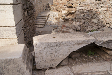 The ancient writings in Greek on the piece of the marble house decor, Ephesus, Turkeyの写真素材