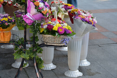 Various bouquets ready for sale on the marketの写真素材