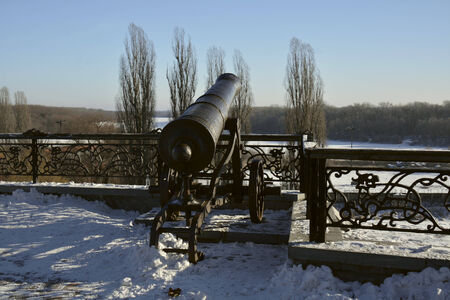 Old cannon next to Desna river. Chernigov, Ukraineの写真素材