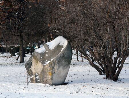 ancient stone in Chernihiv park, Ukraine, in winterの写真素材