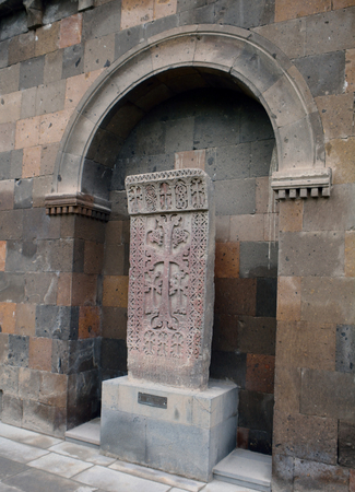 Khachkar stone in Echmiadzin area, Yerevan, Armeniaのeditorial素材