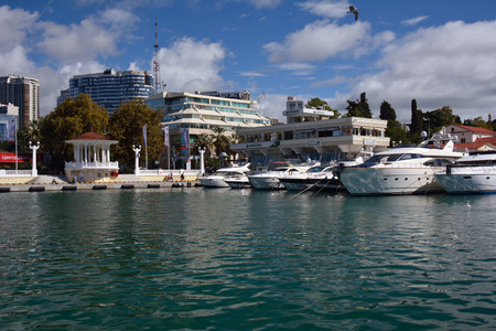 Sea port of Sochi, Russia, from the seaside in autumnのeditorial素材