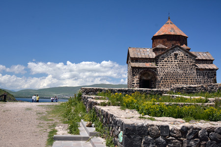 Territory of Sevenevabnk monastery with tourists, Armeniaのeditorial素材