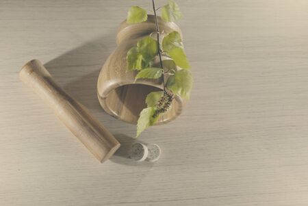 mortar, leaves and tablets, vanilla tonedの写真素材