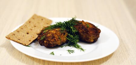 Fried meatballs with rye crisps and dill on the plateの写真素材