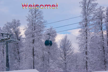 Winter landscape with a ski cabin and welcome greeting