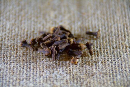 Small pile of cloves on the sackcloth, scatteredの写真素材