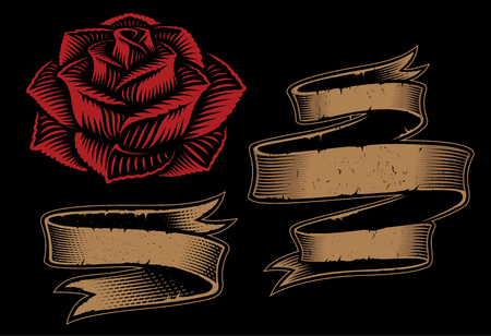 Illustrations of two ribbons and roses for design on the dark background. All items are in separate groups.のイラスト素材