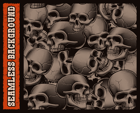 Black and white seamless pattern of skulls with grunge effect on the dark background. のイラスト素材