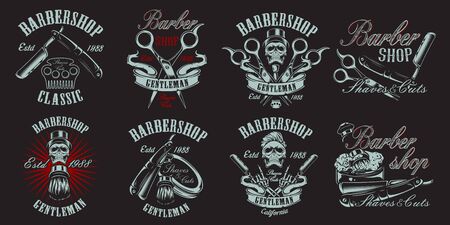 Set of illustration in vintage style for barbershop on the dark backroundのイラスト素材