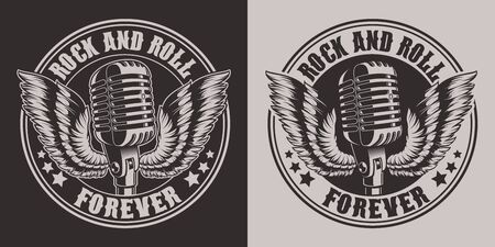 Vintage illustration of a microphone with wings for white and black background.  All items are in separate groupsのイラスト素材