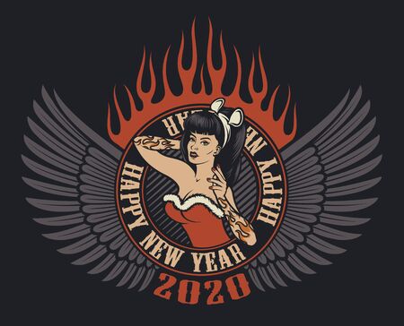 Colored illustration pin-up girl with wings in vintage styleのイラスト素材