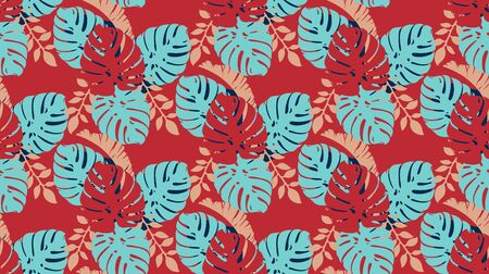 Seamless tropical pattern with leaves on a red backgroundのイラスト素材