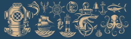 Set of vector design elements for nautical themeのイラスト素材