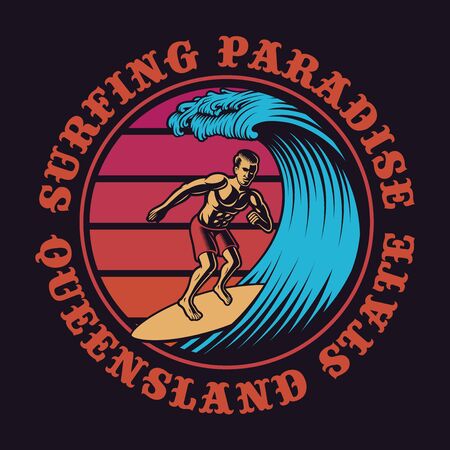 Color illustration of a surfer in vintage style.のイラスト素材