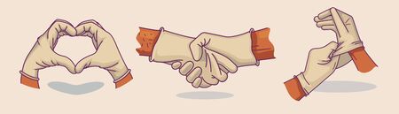 Set of vector illustrations hand in medical gloves. Heart from hands. Handshake. Icon, doodle illustrationのイラスト素材