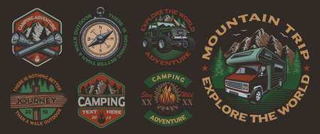 Set of color vintage badges for the camping theme on the dark background. Perfect for posters,...