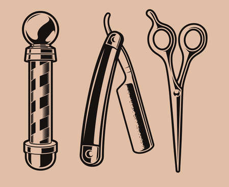 Set of vector illustration of barber pole, scissors, and a razor blade.のイラスト素材