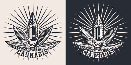 Set vector illustrations on the cannabis theme with a bong, hemp leaf for white and dark background. The text is in a separate group. This design is perfect for apparel designs and many other uses.のイラスト素材