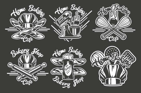 Set of vintage emblems on the craft bakery theme for dark background. Vectorのイラスト素材