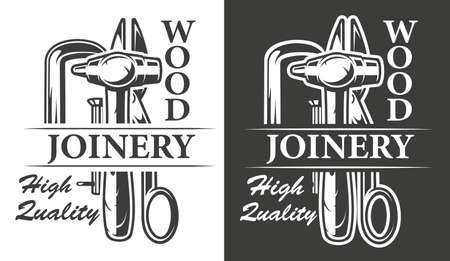 Vintage poster on carpentry service theme with hammer and carpentry scissorsのイラスト素材