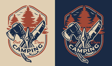 Vintage emblem with set camping things.のイラスト素材