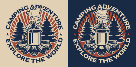 Vintage camping emblem with a mug on the fire.のイラスト素材